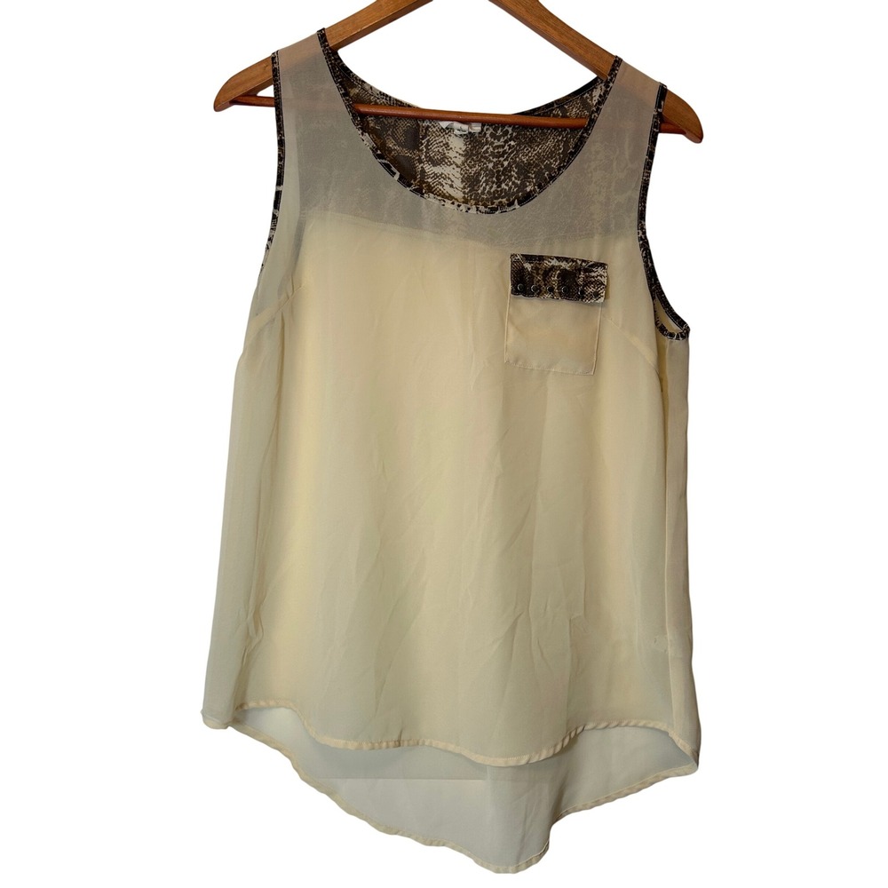 Beautiful Sheer Tank Top Edge L Cream and Snakeskin Print‎ Embellished Pocket